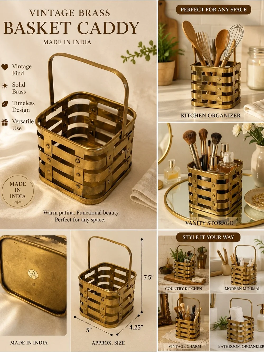 Vintage Woven Brass Basket Caddy Rustic Boho Organizer Made in India Decor